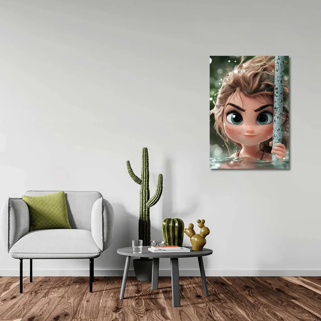 Cartoon Girl Swimming in Green Water – Wall Art