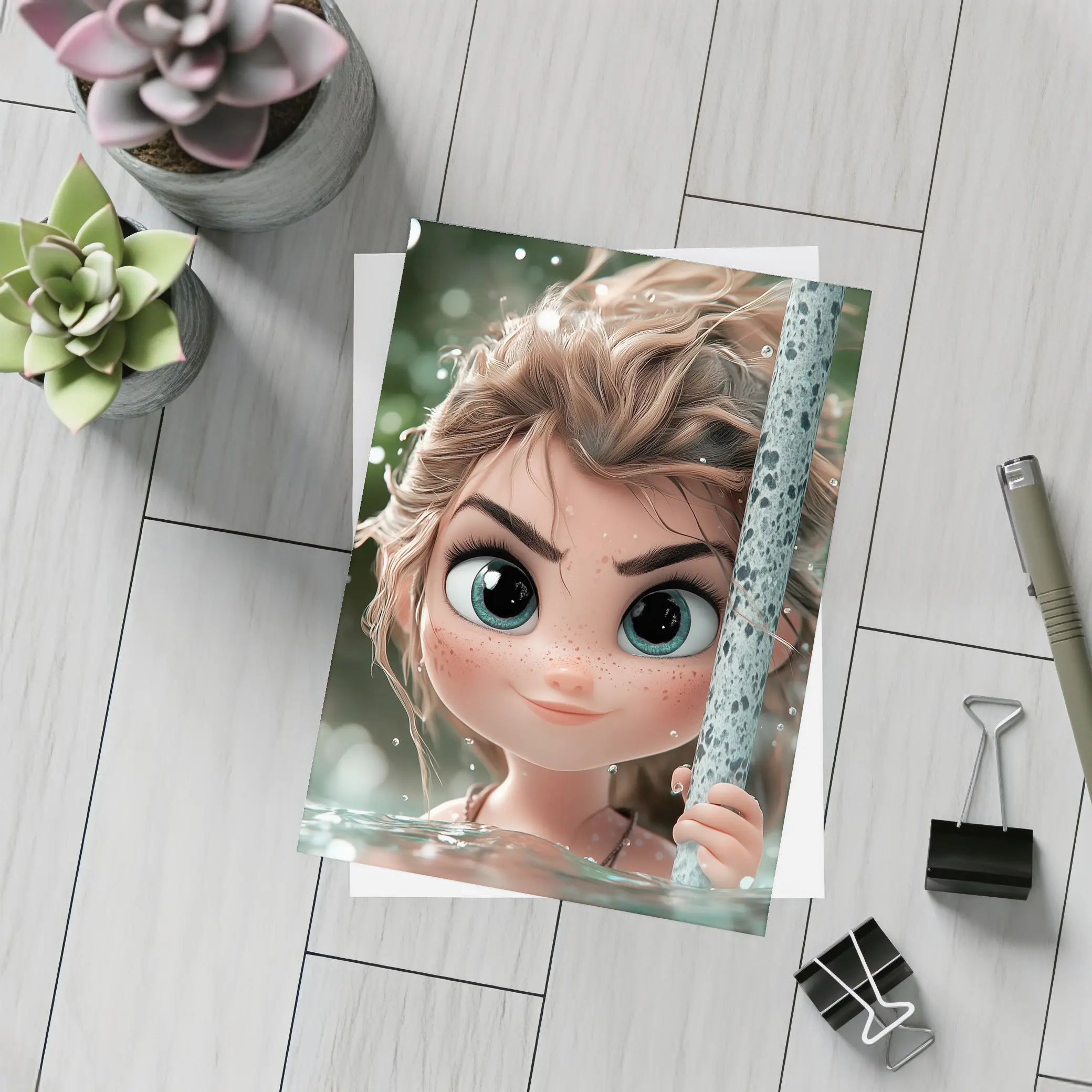 Cartoon Girl Swimming in Green Water – Postcards