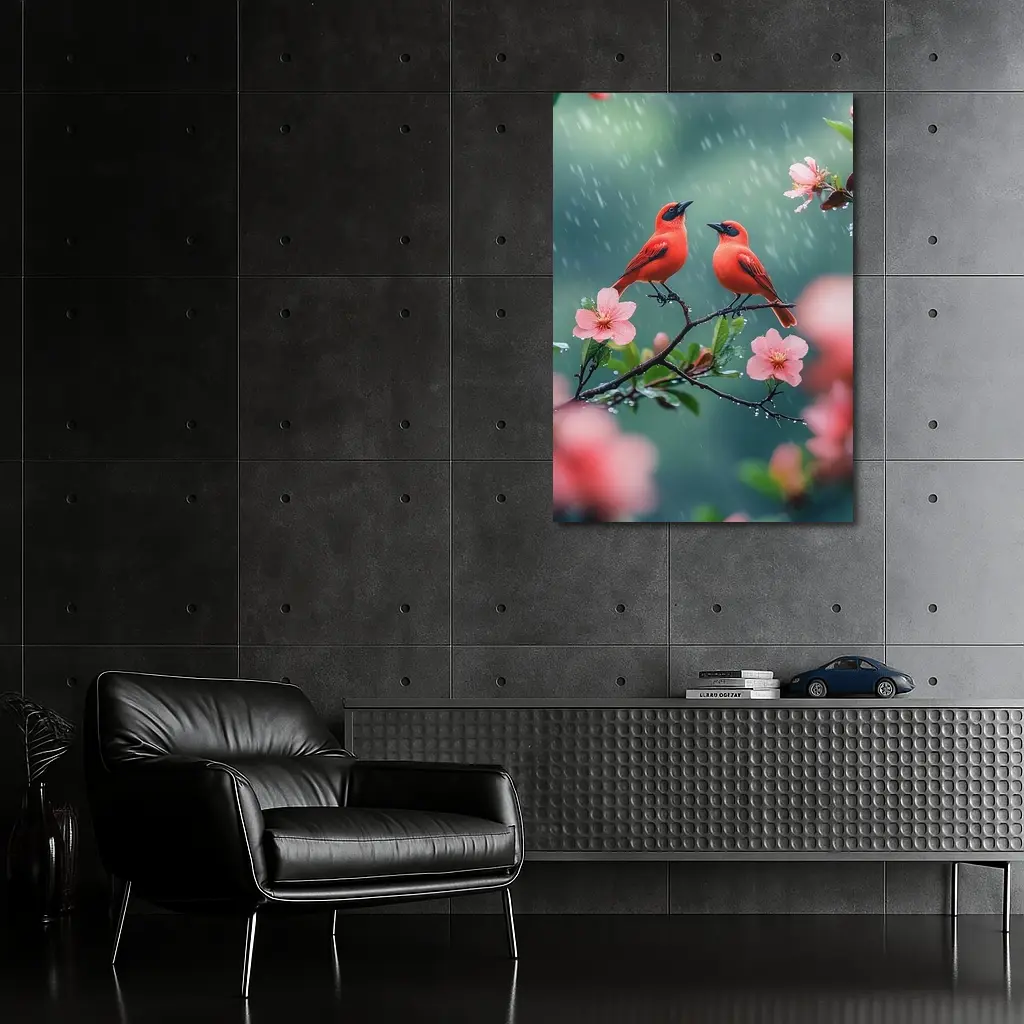 Two Red Birds on Blooming Branch Rain – Wall Art