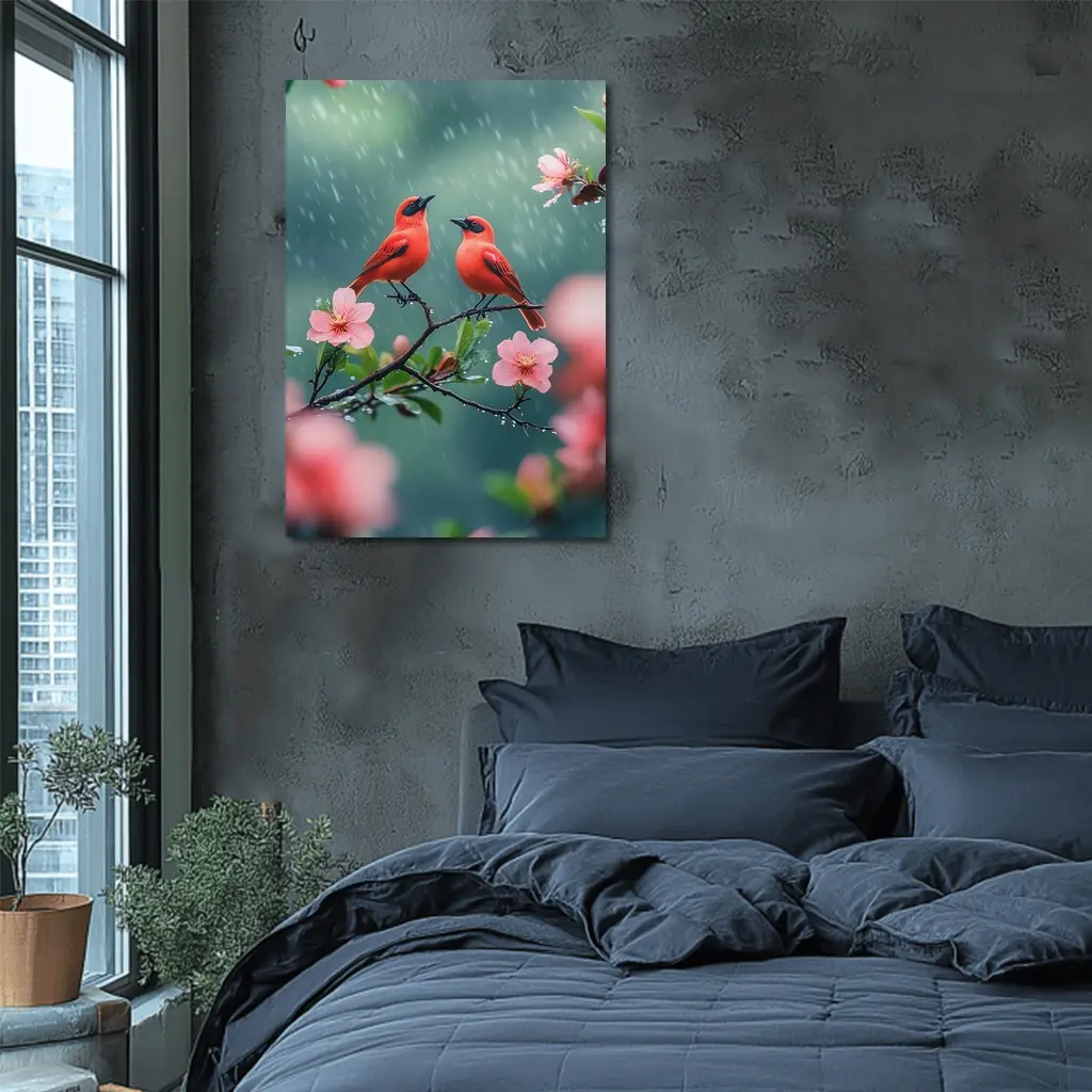 Two Red Birds on Blooming Branch Rain – Wall Art