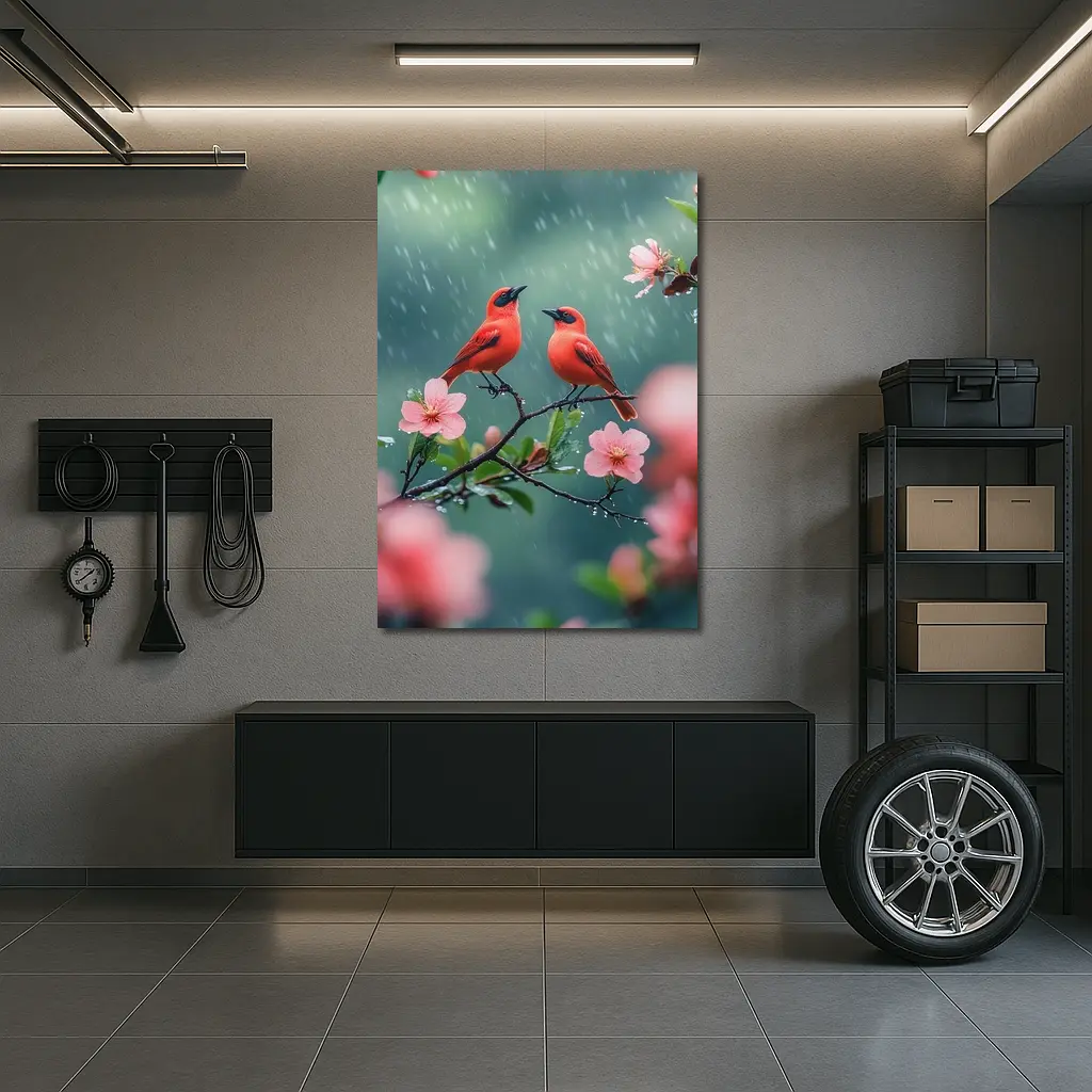 Two Red Birds on Blooming Branch Rain – Wall Art