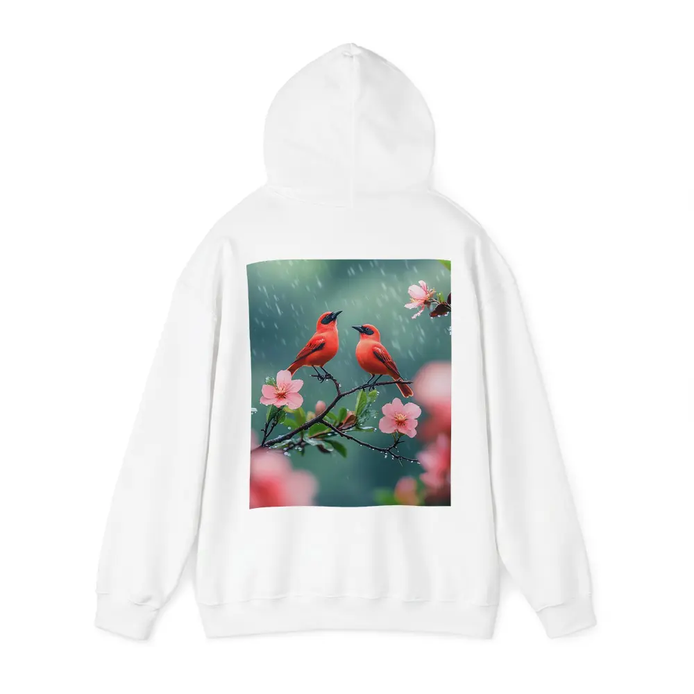 Two Red Birds on Blooming Branch Rain – Hoodies