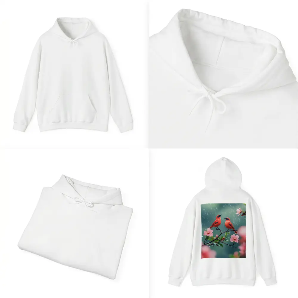 Two Red Birds on Blooming Branch Rain – Hoodies