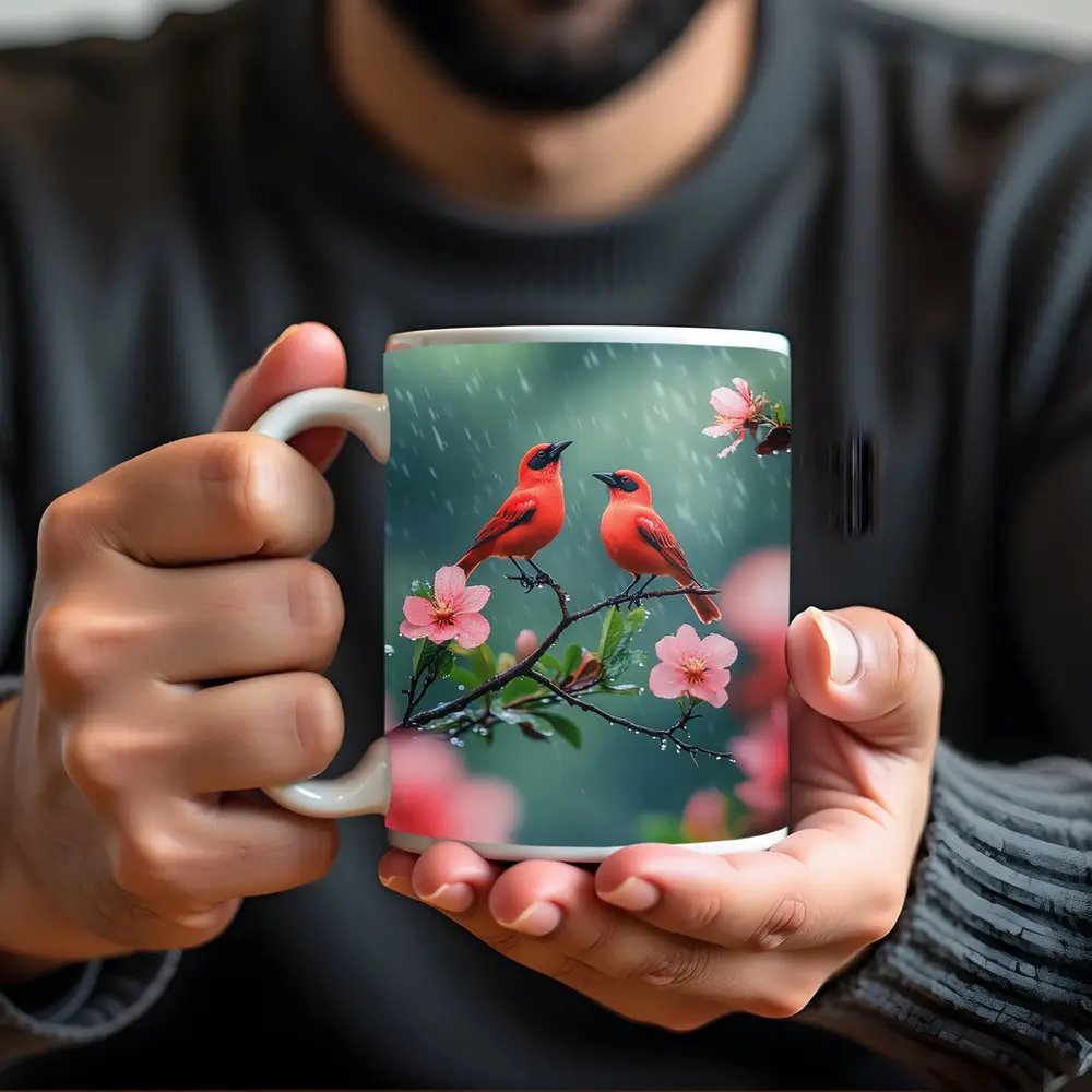 Two Red Birds on Blooming Branch Rain – Mugs