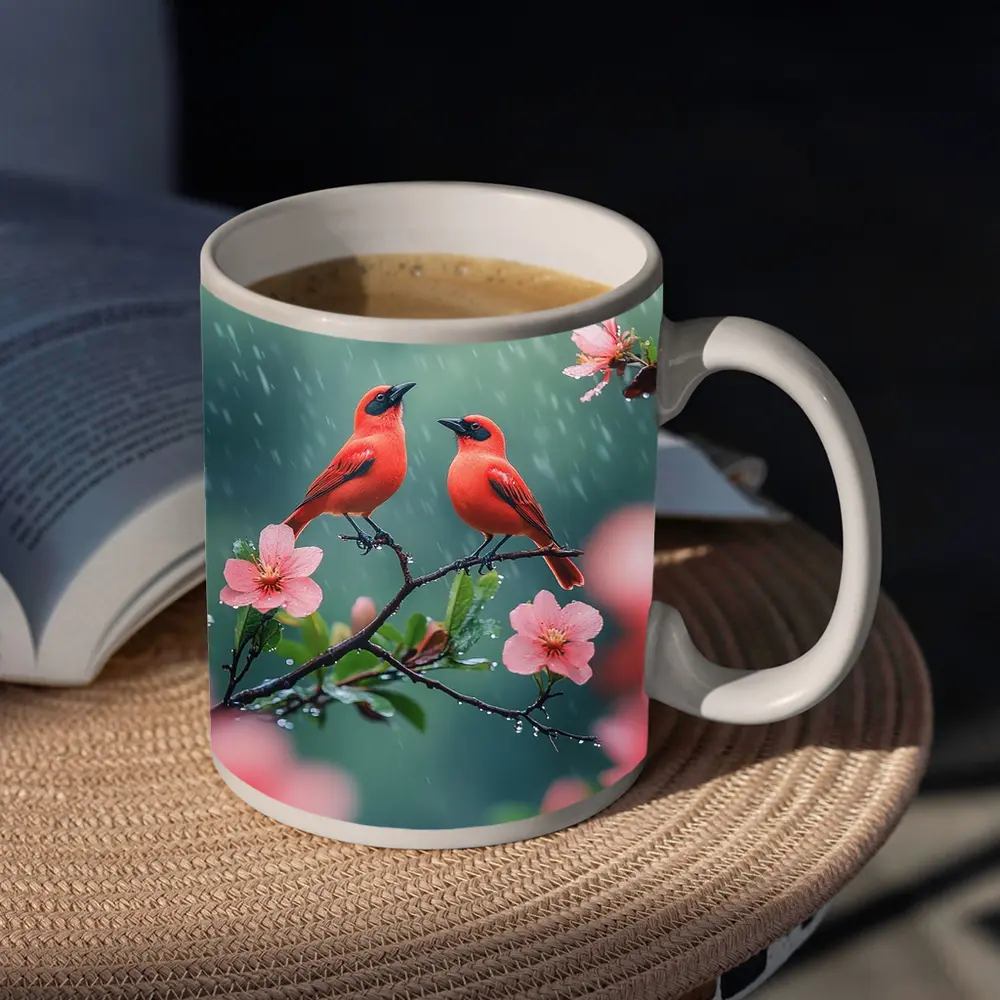 Two Red Birds on Blooming Branch Rain – Mugs
