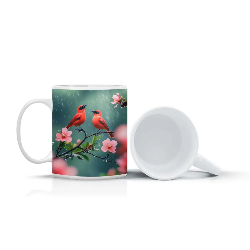 Two Red Birds on Blooming Branch Rain – Mugs
