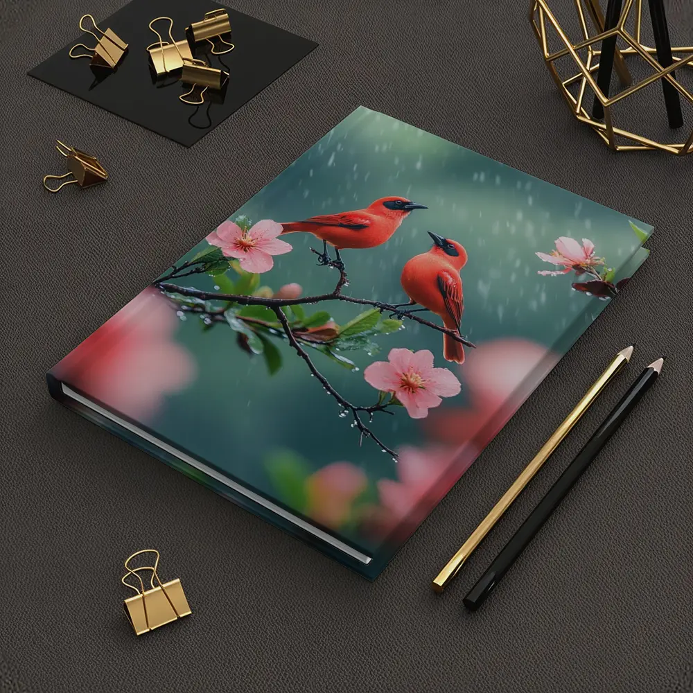 Two Red Birds on Blooming Branch Rain – Notebooks