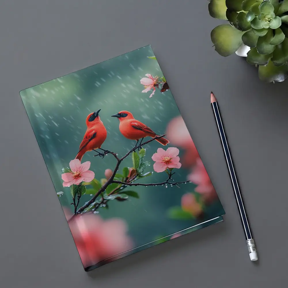 Two Red Birds on Blooming Branch Rain – Notebooks