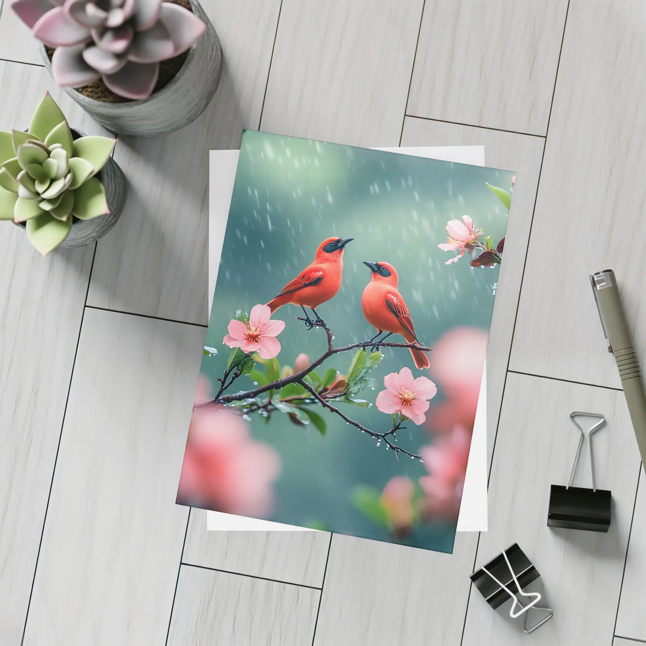 Two Red Birds on Blooming Branch Rain – Postcards