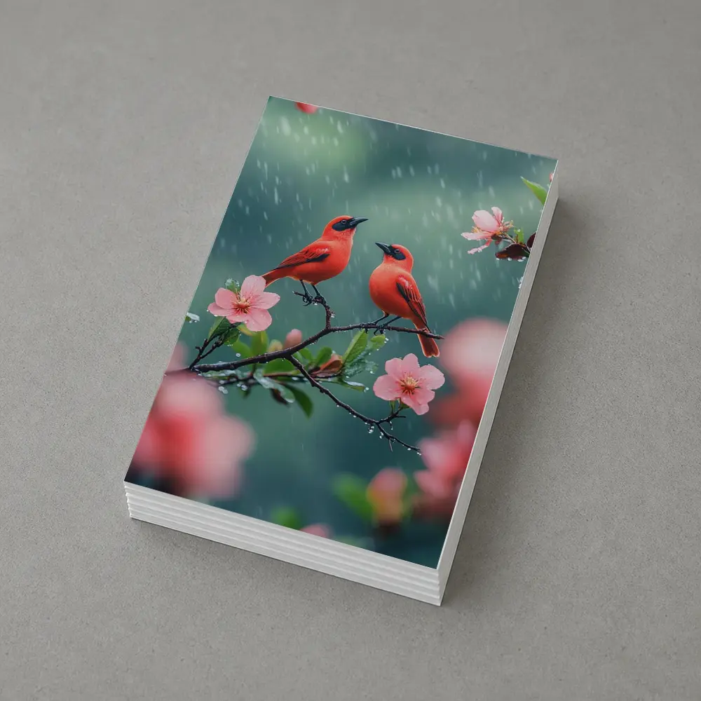 Two Red Birds on Blooming Branch Rain – Postcards