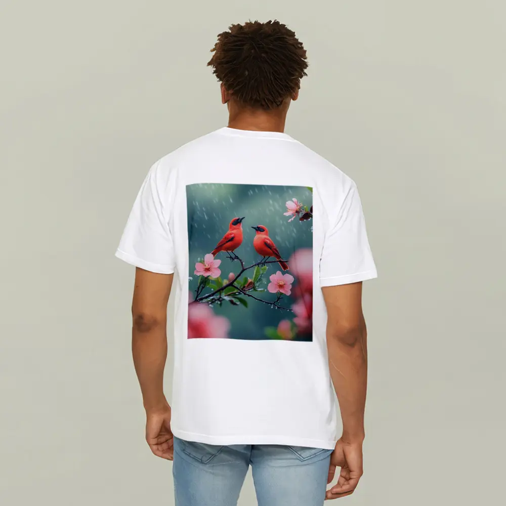 Two Red Birds on Blooming Branch Rain – T-Shirts
