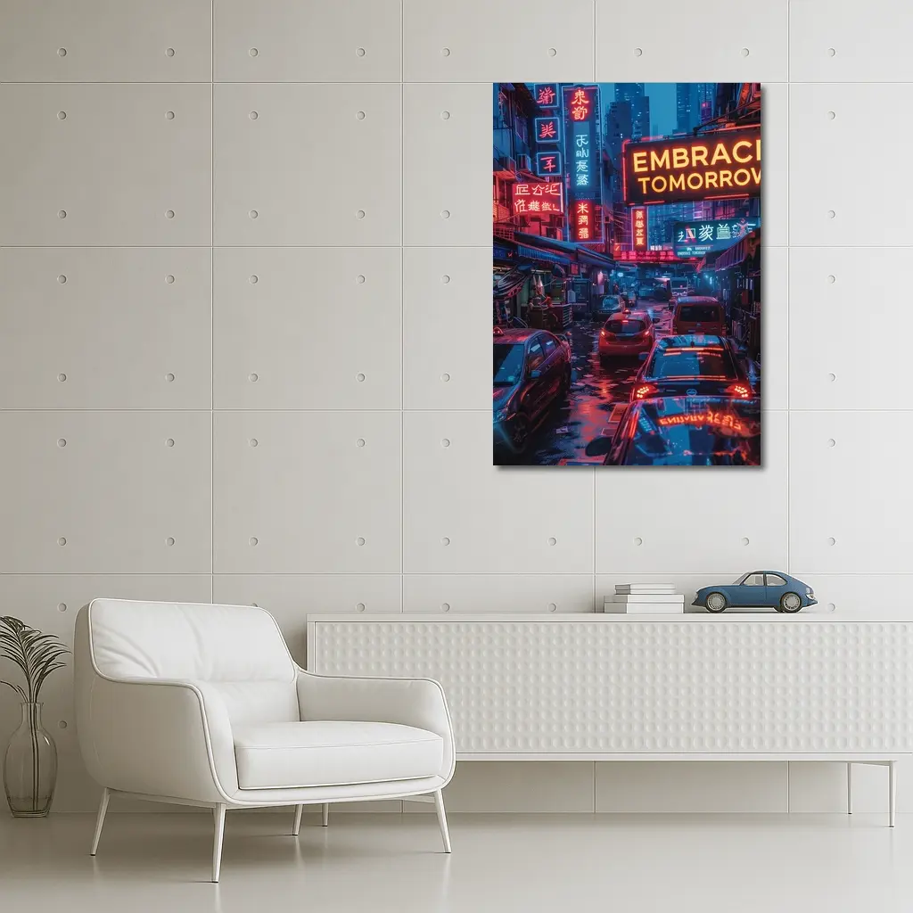 Embrace Tomorrow Neon Sign Rainy City Street – Wall Art