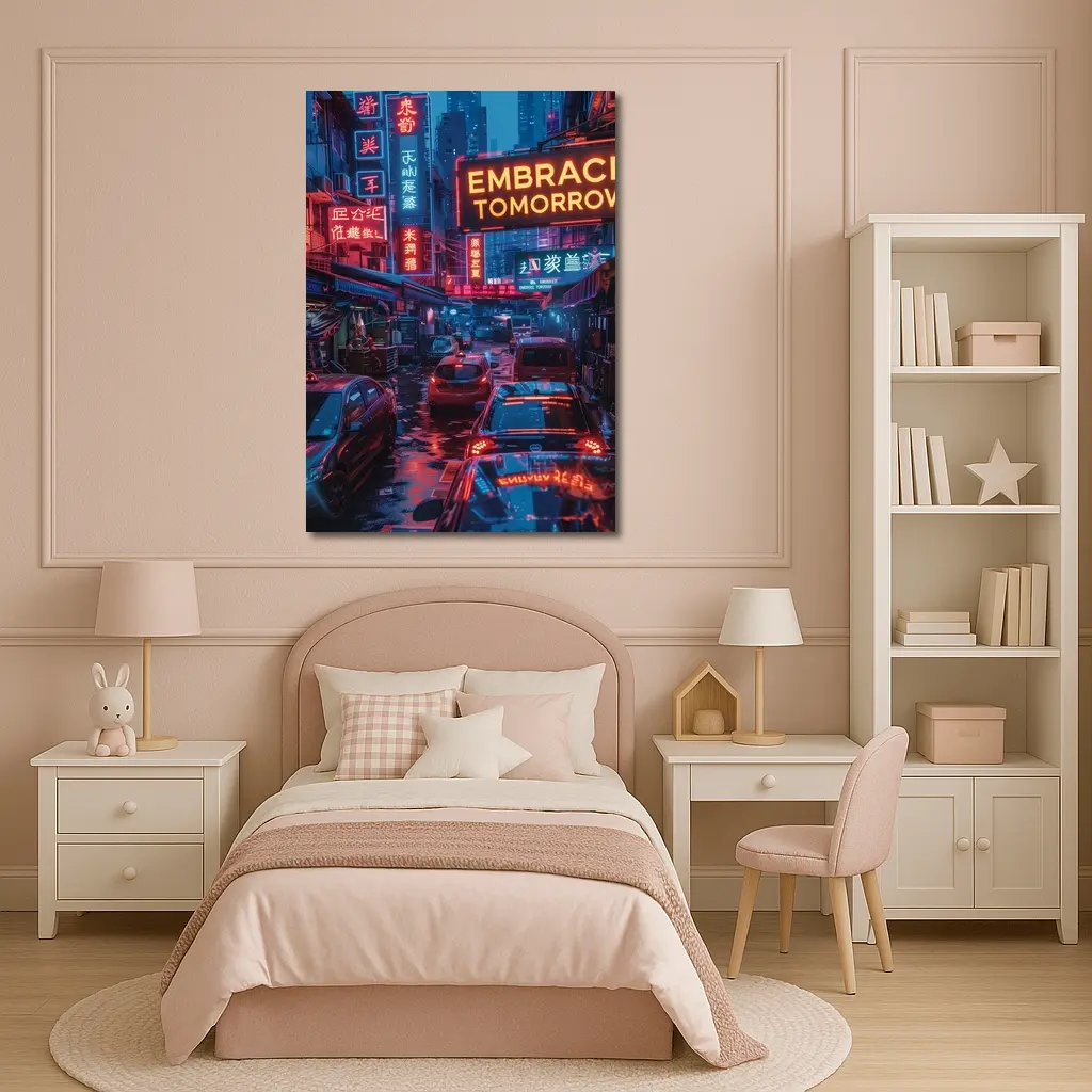 Embrace Tomorrow Neon Sign Rainy City Street – Wall Art