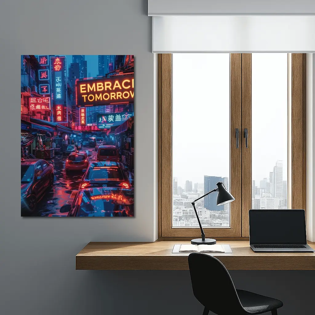 Embrace Tomorrow Neon Sign Rainy City Street – Wall Art