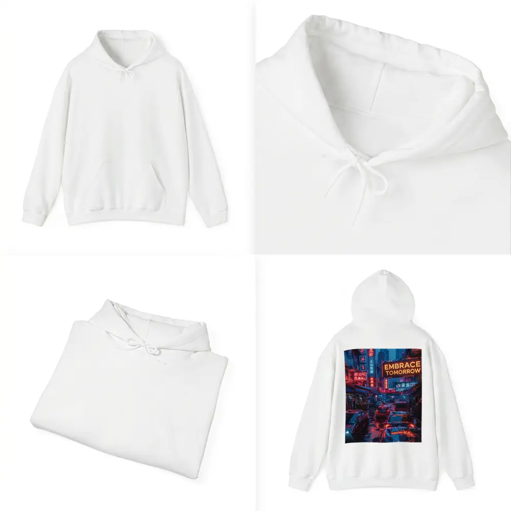 Embrace Tomorrow Neon Sign Rainy City Street – Hoodies