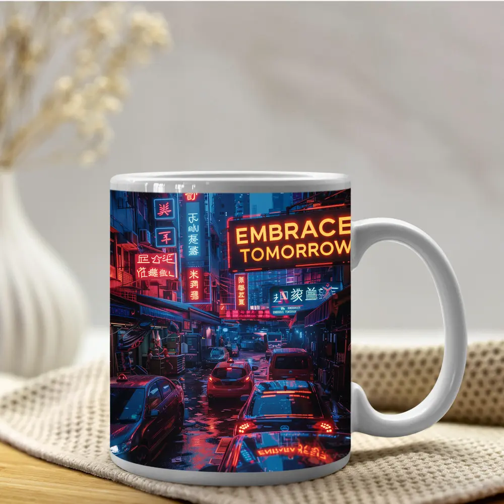 Embrace Tomorrow Neon Sign Rainy City Street – Mugs