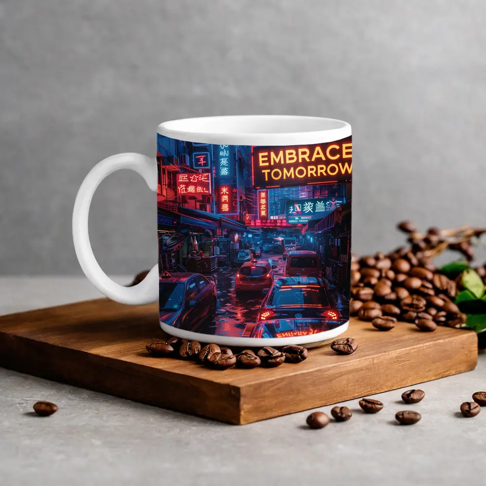 Embrace Tomorrow Neon Sign Rainy City Street – Mugs