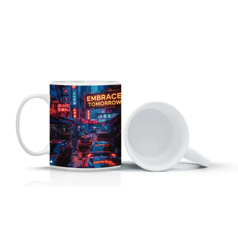 Embrace Tomorrow Neon Sign Rainy City Street – Mugs