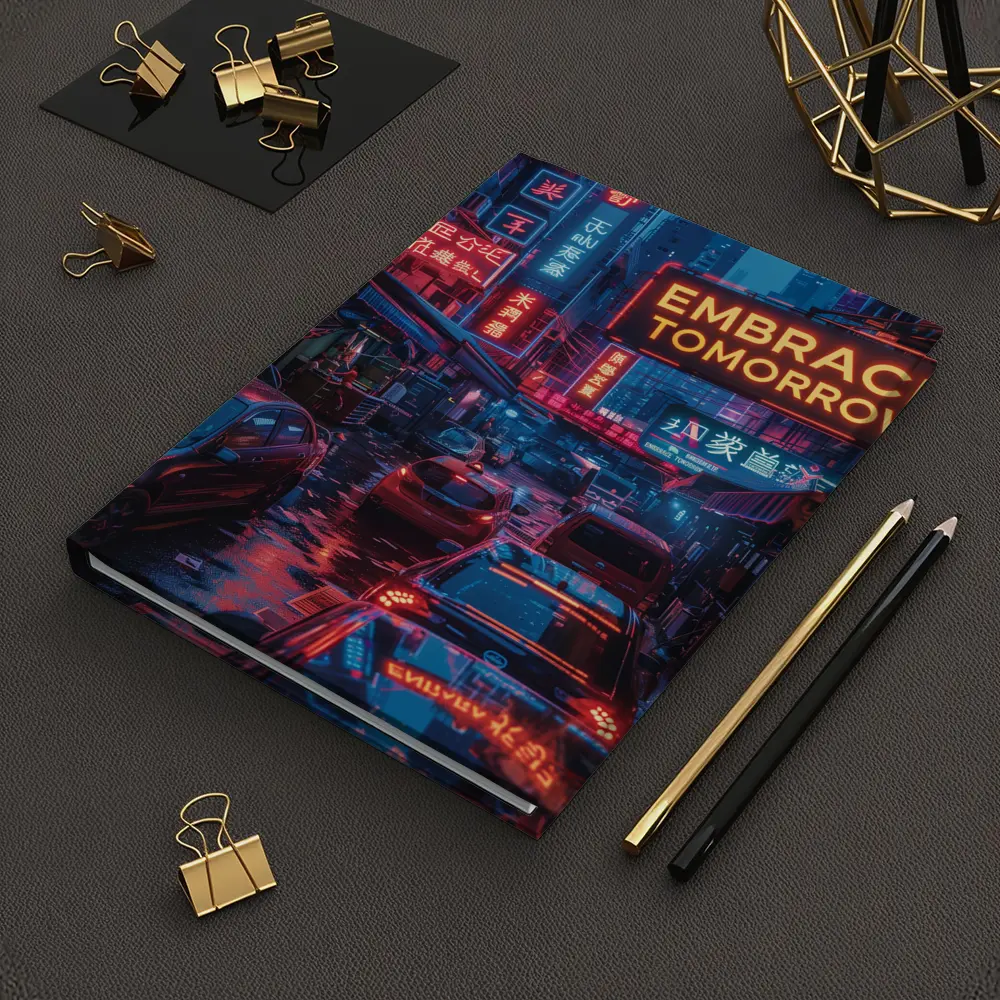 Embrace Tomorrow Neon Sign Rainy City Street – Notebooks