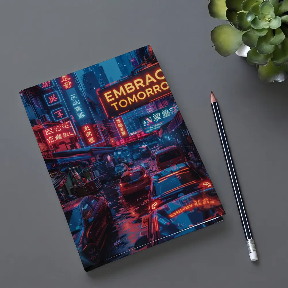 Embrace Tomorrow Neon Sign Rainy City Street – Notebooks