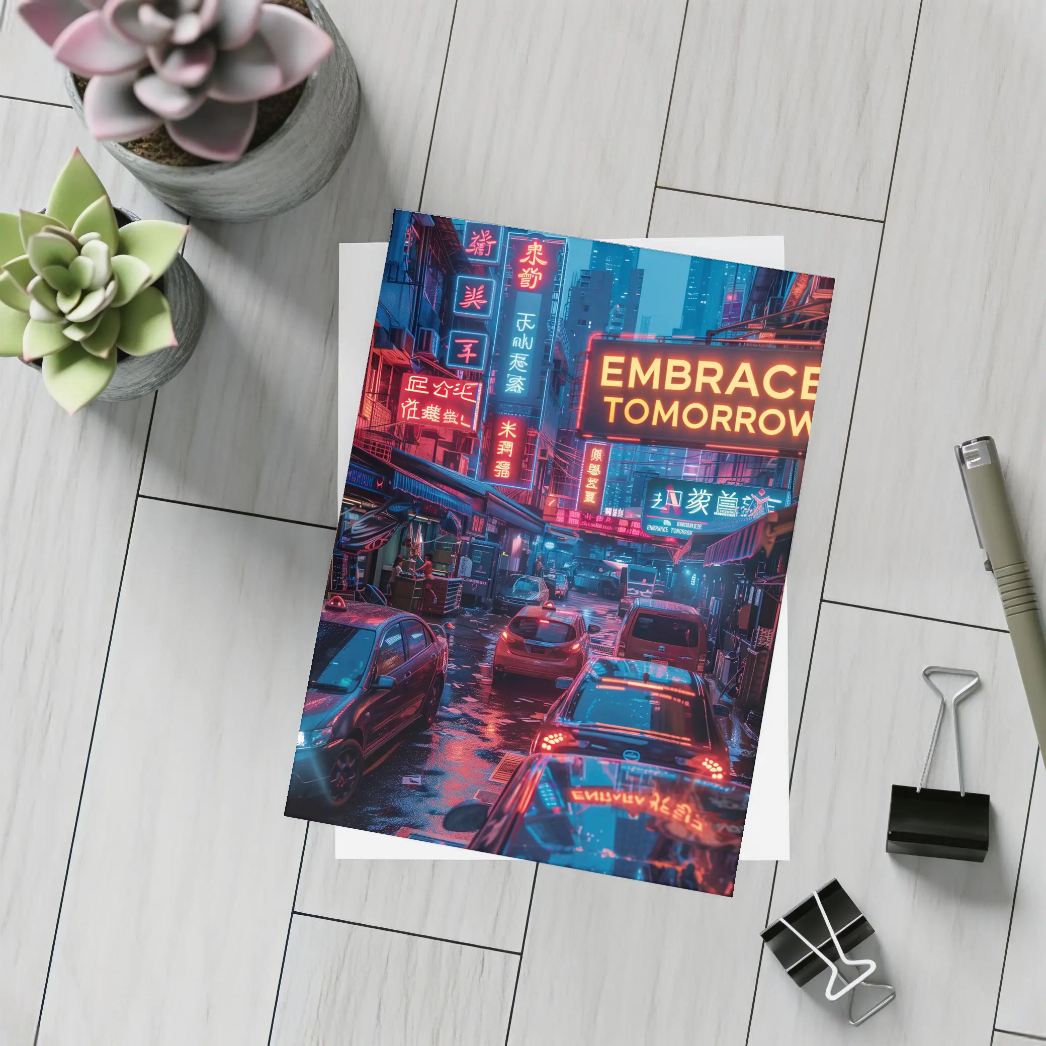 Embrace Tomorrow Neon Sign Rainy City Street – Postcards