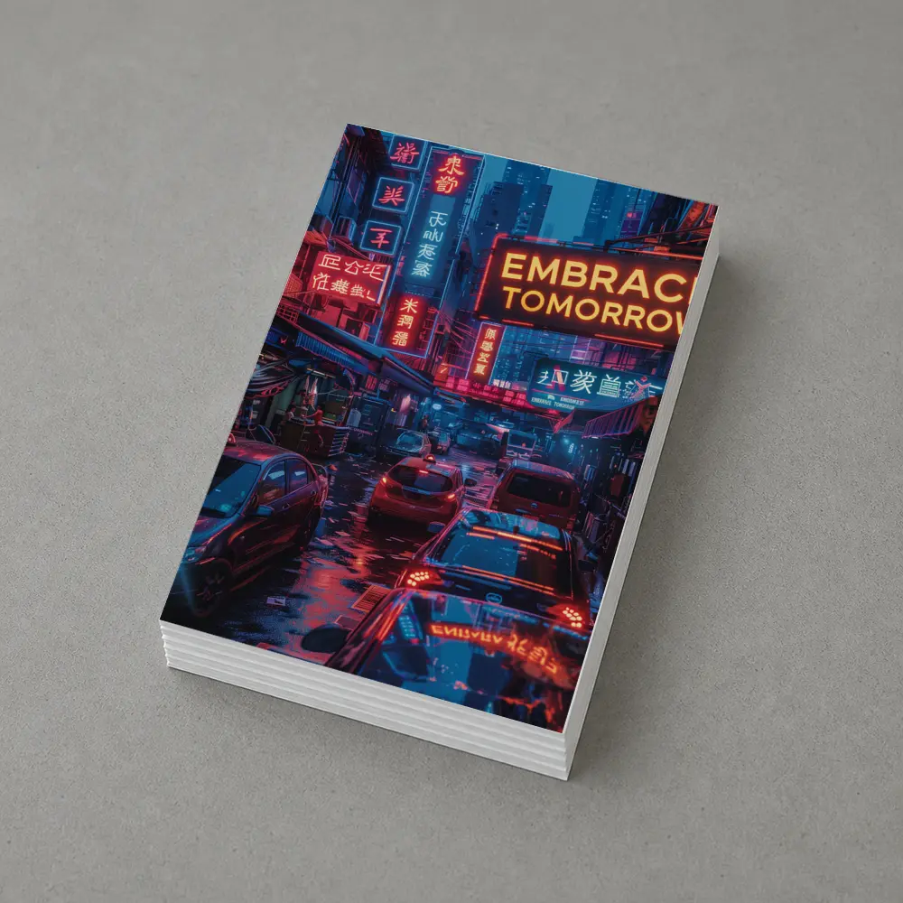 Embrace Tomorrow Neon Sign Rainy City Street – Postcards