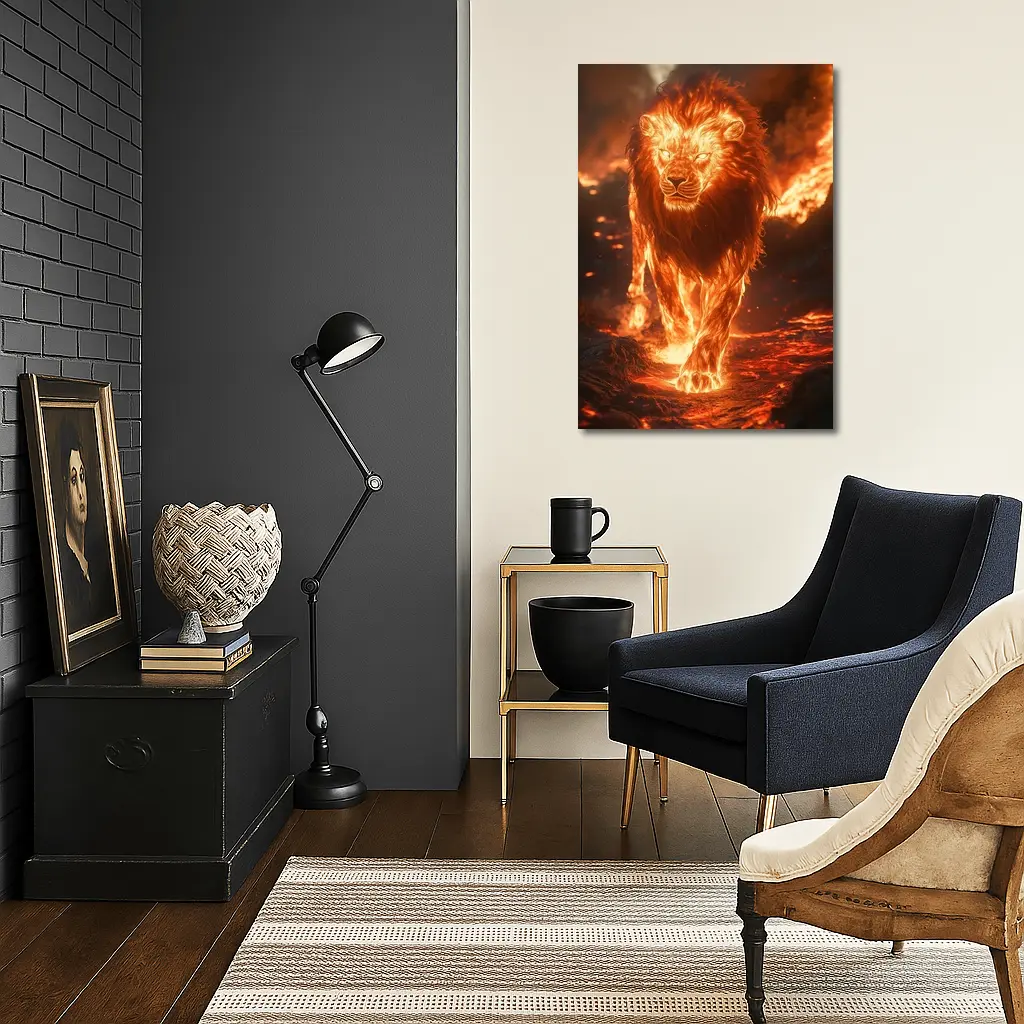 Fiery Lion Walking Through Burning Lava – Wall Art