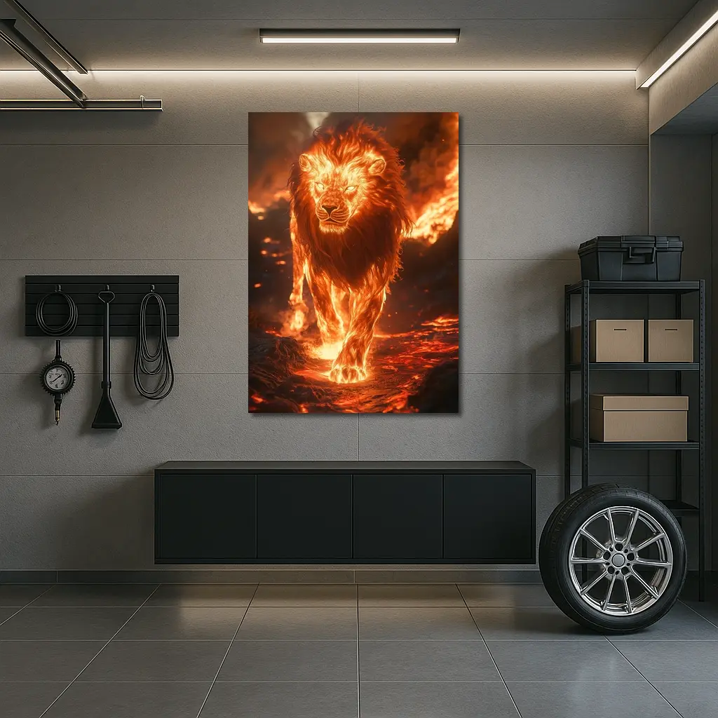 Fiery Lion Walking Through Burning Lava – Wall Art