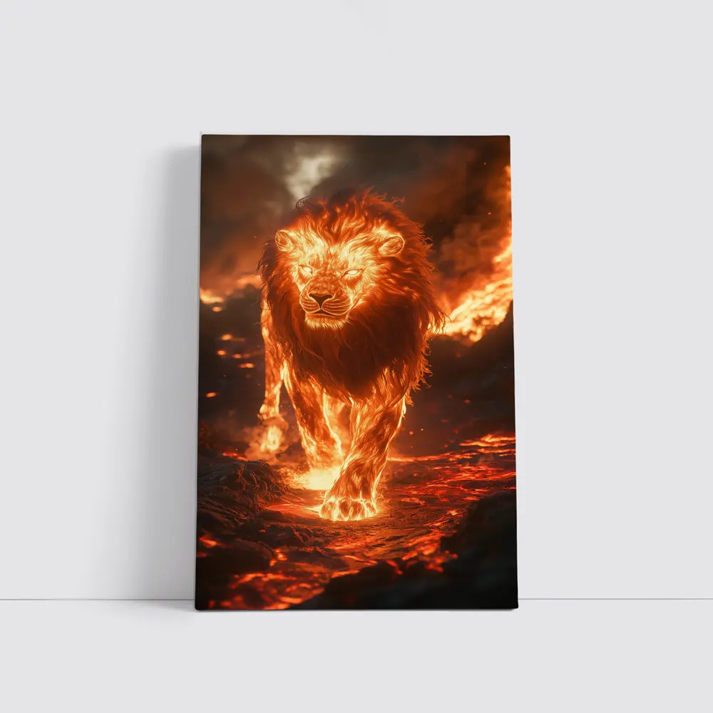 Fiery Lion Walking Through Burning Lava – Wall Art