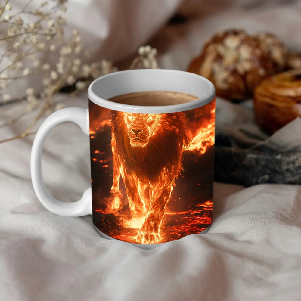 Fiery Lion Walking Through Burning Lava – Mugs