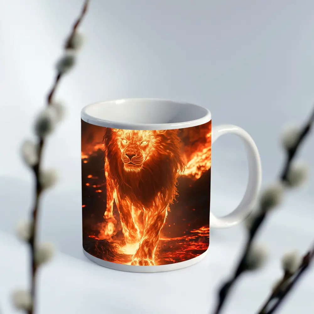 Fiery Lion Walking Through Burning Lava – Mugs
