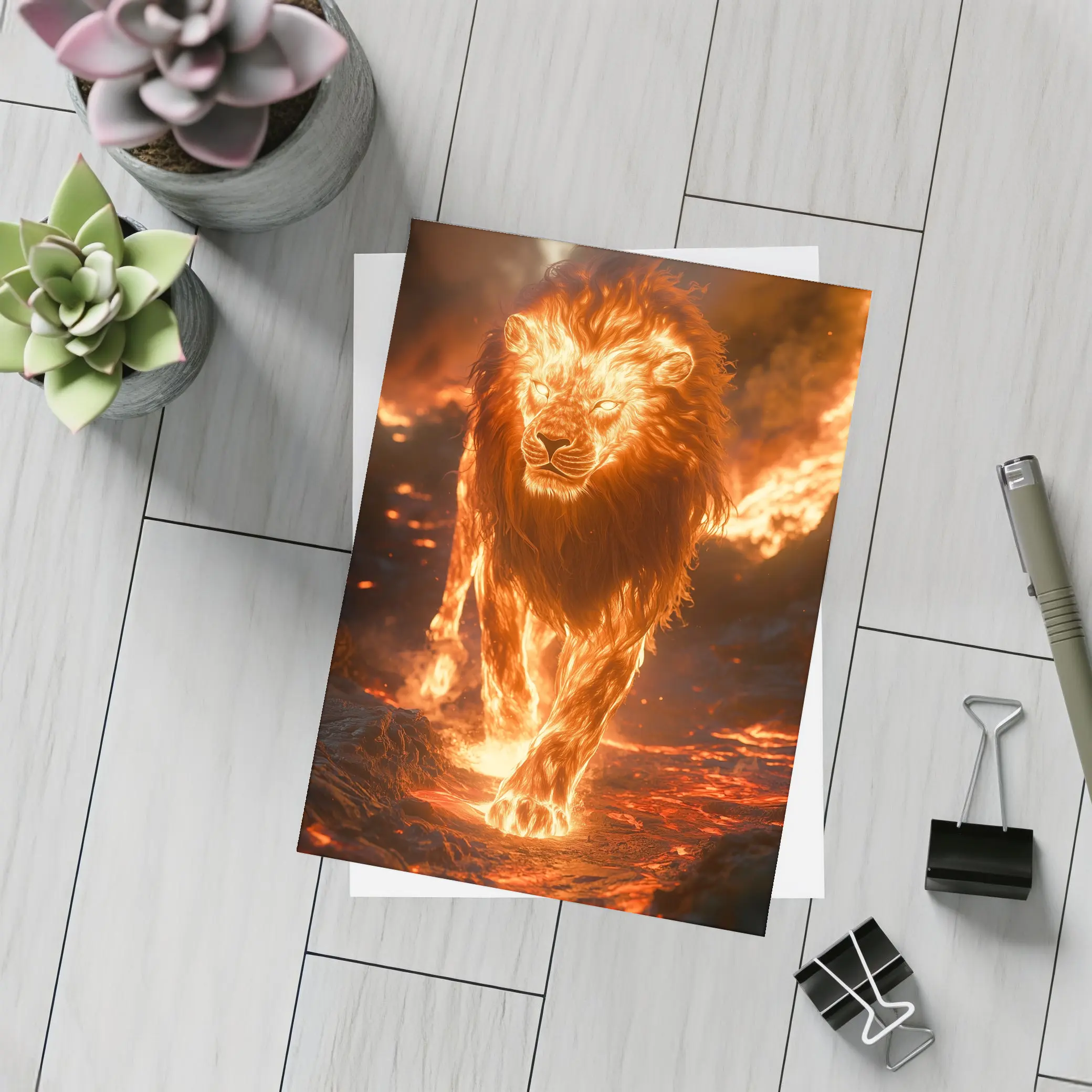 Fiery Lion Walking Through Burning Lava – Postcards