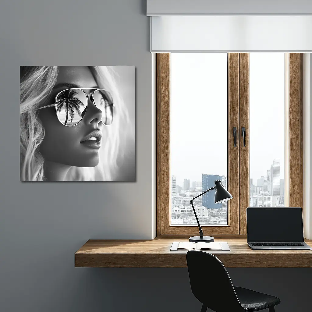 Blonde Woman Aviator Sunglasses Palm Tree Reflection – Wall Art