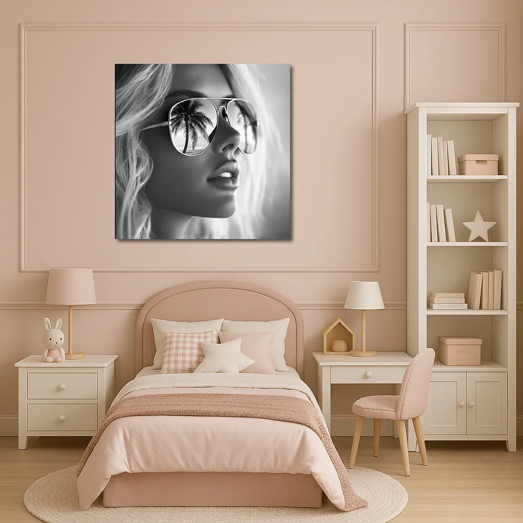 Blonde Woman Aviator Sunglasses Palm Tree Reflection – Wall Art