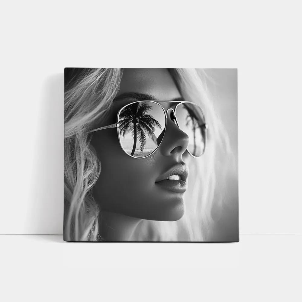 Blonde Woman Aviator Sunglasses Palm Tree Reflection – Wall Art