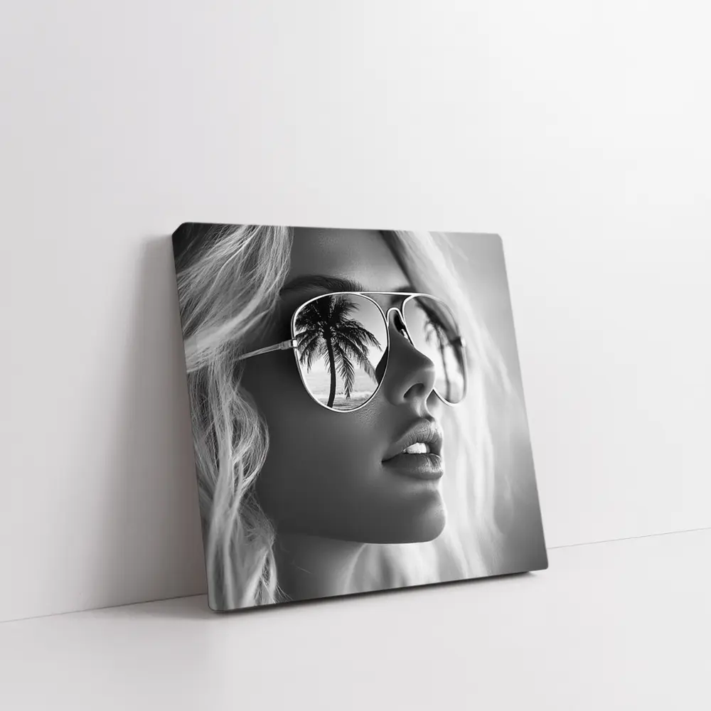 Blonde Woman Aviator Sunglasses Palm Tree Reflection – Wall Art