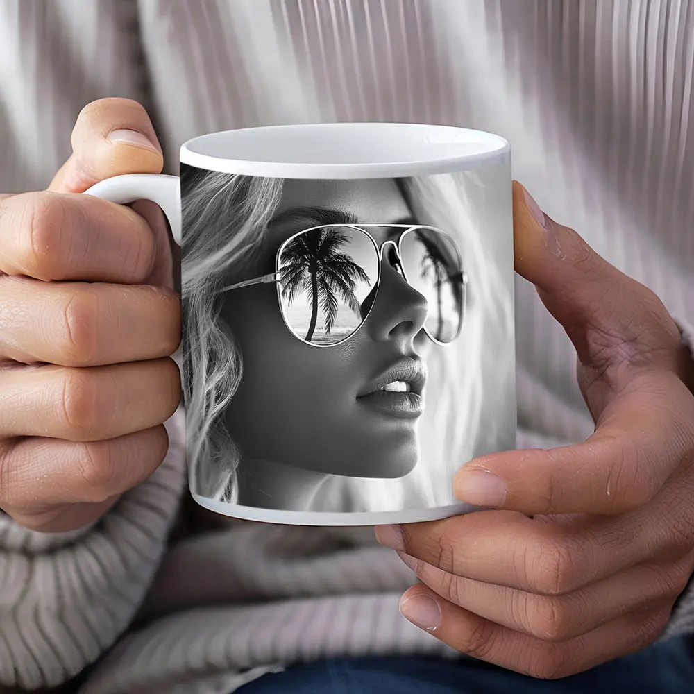 Blonde Woman Aviator Sunglasses Palm Tree Reflection – Mugs