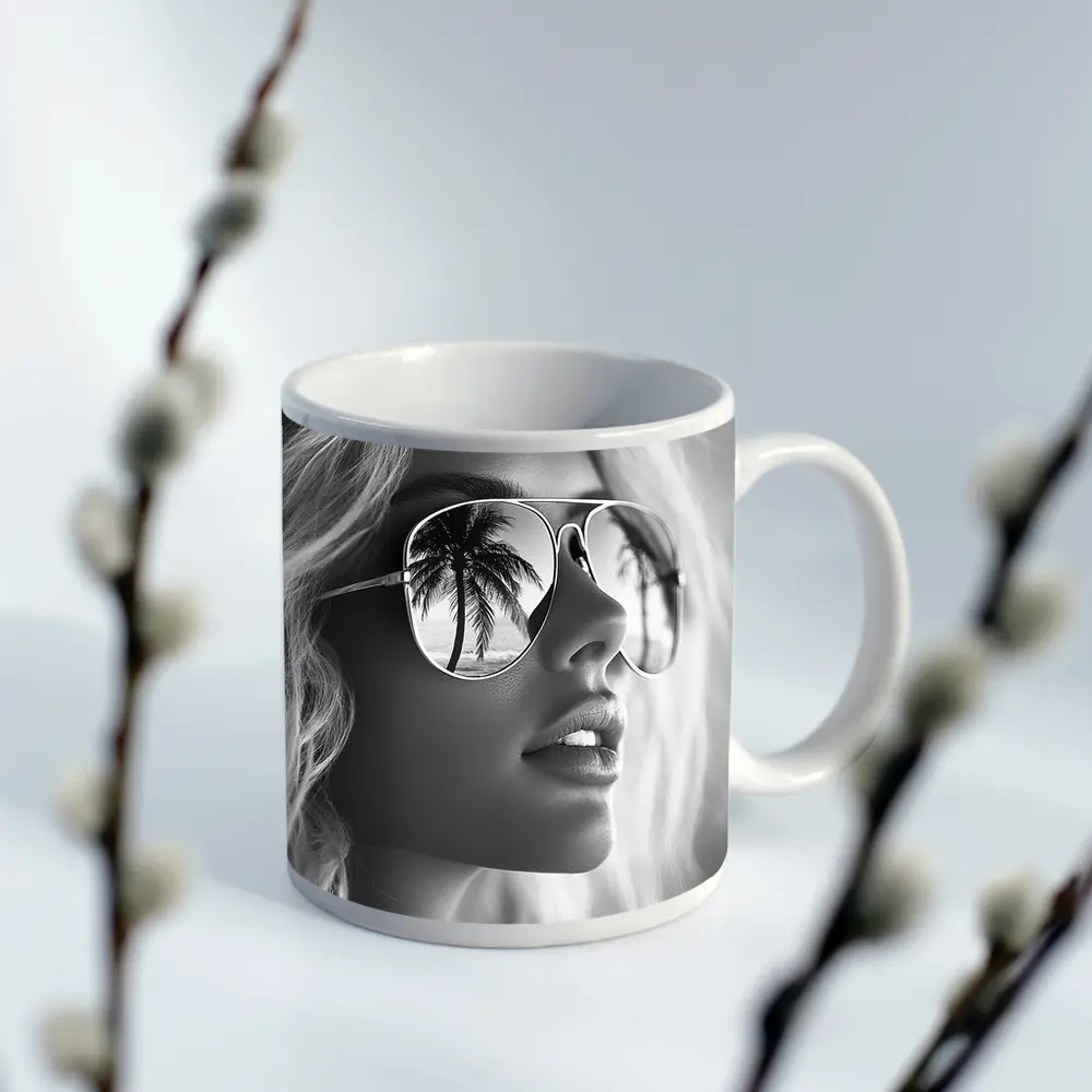 Blonde Woman Aviator Sunglasses Palm Tree Reflection – Mugs