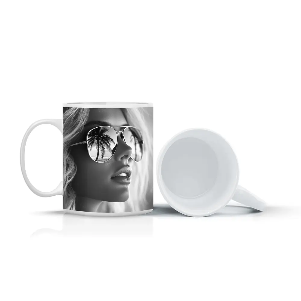 Blonde Woman Aviator Sunglasses Palm Tree Reflection – Mugs