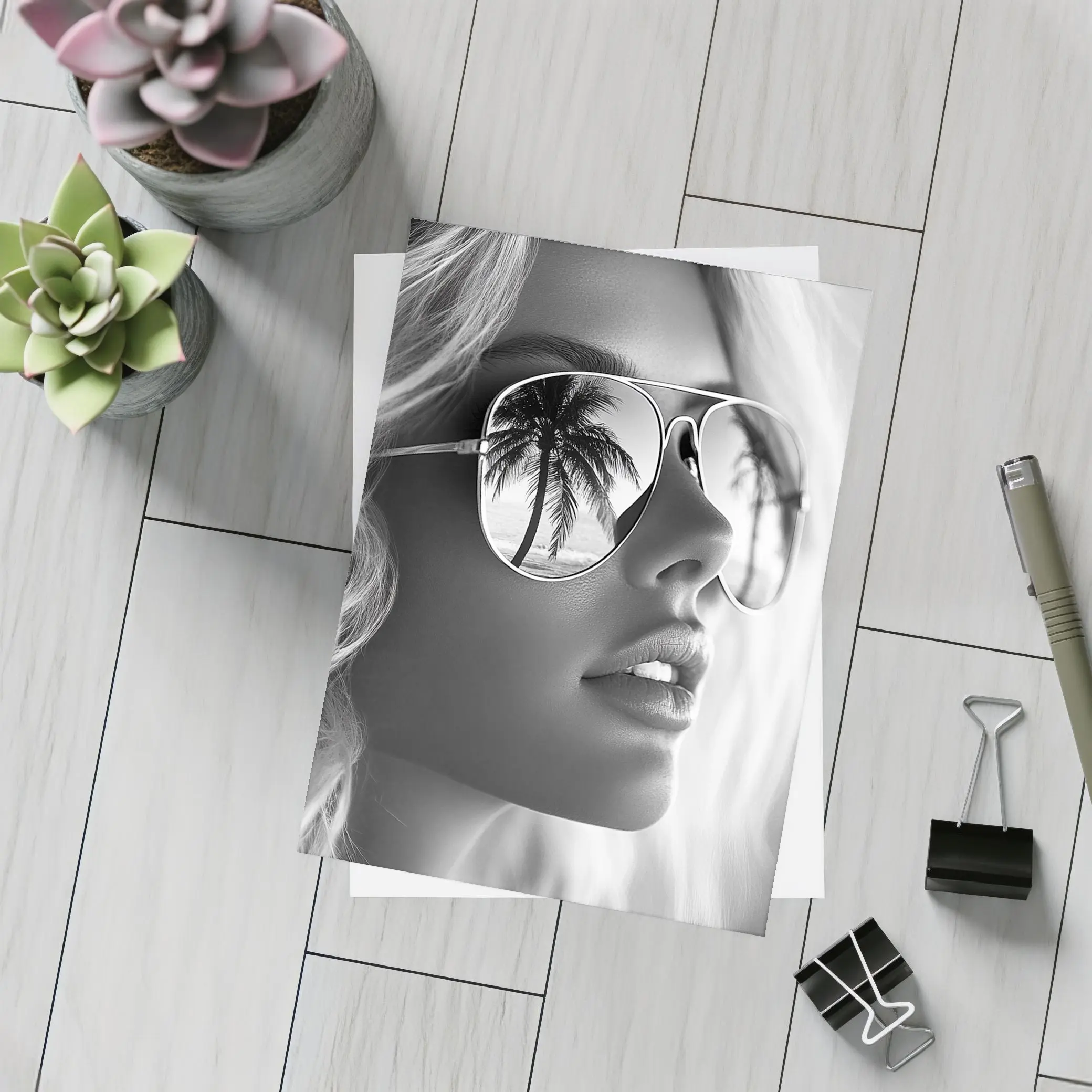 Blonde Woman Aviator Sunglasses Palm Tree Reflection – Postcards