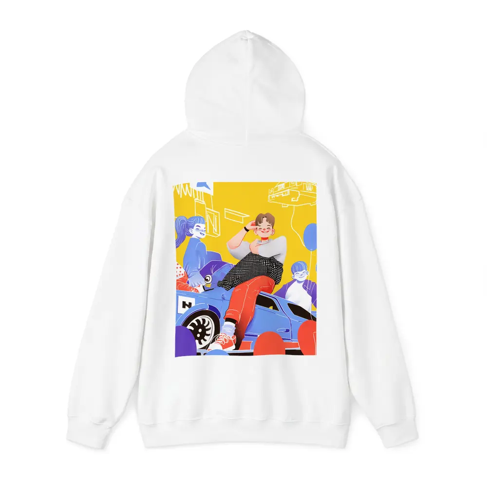 Cartoon Kids Sitting On Blue Car Yellow – Hoodies