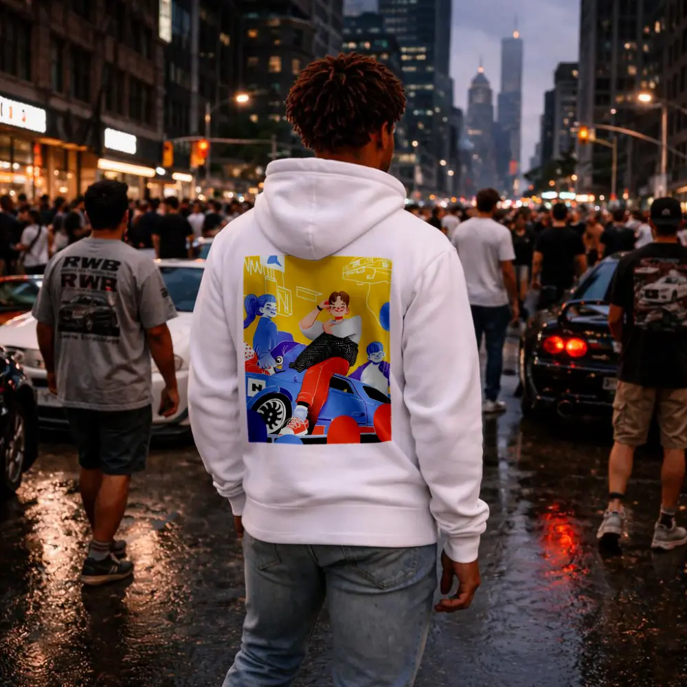 Cartoon Kids Sitting On Blue Car Yellow – Hoodies