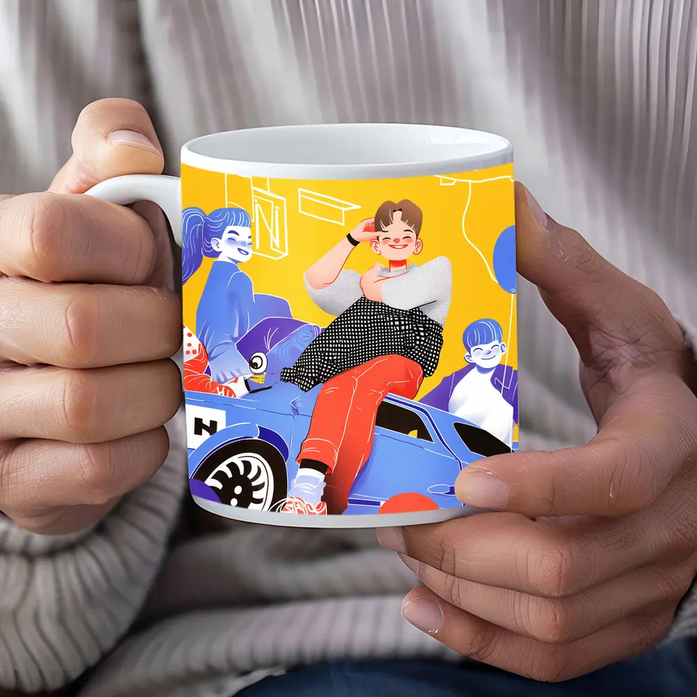 Cartoon Kids Sitting On Blue Car Yellow – Mugs