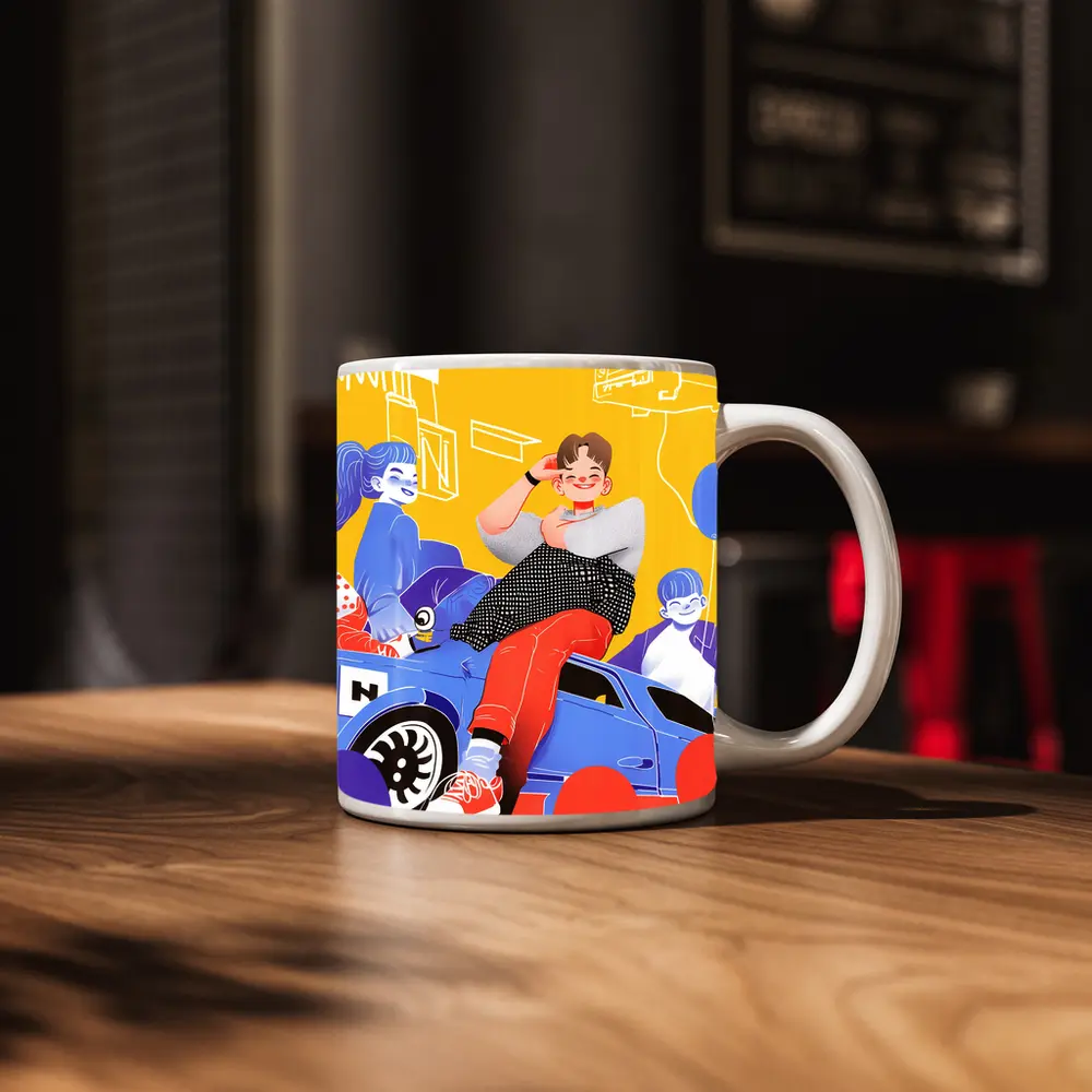 Cartoon Kids Sitting On Blue Car Yellow – Mugs