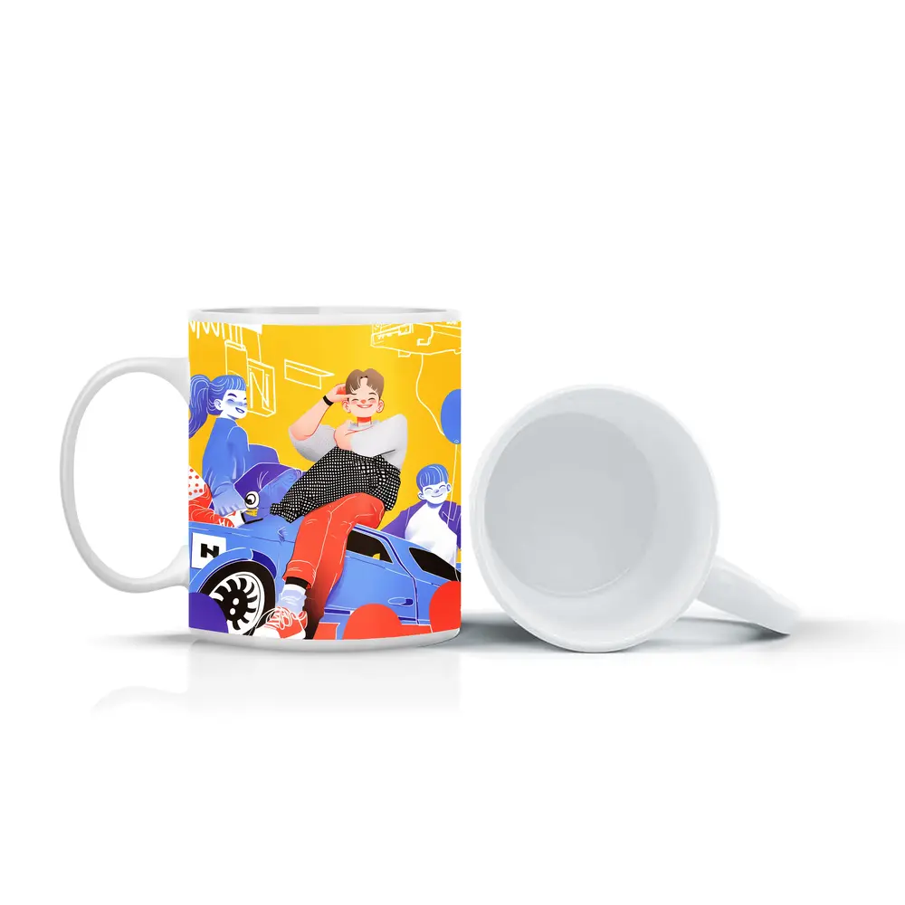Cartoon Kids Sitting On Blue Car Yellow – Mugs