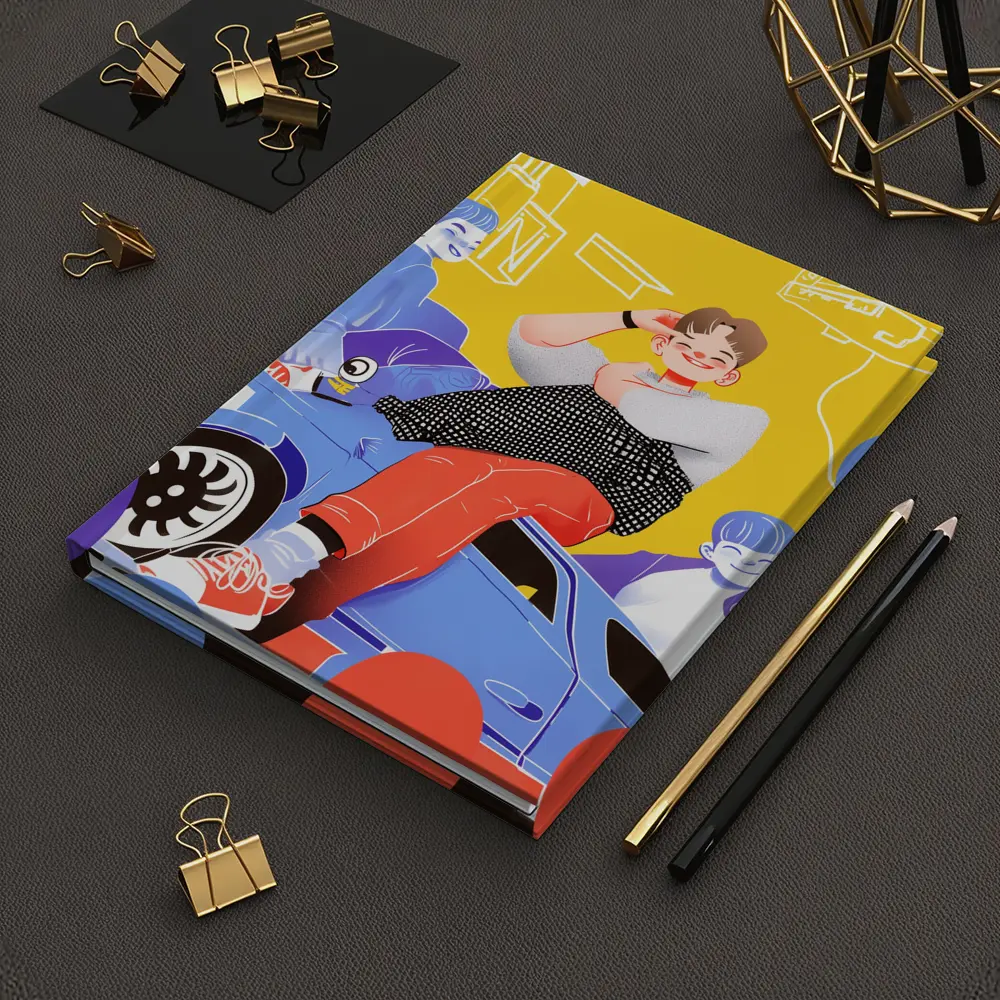 Cartoon Kids Sitting On Blue Car Yellow – Notebooks