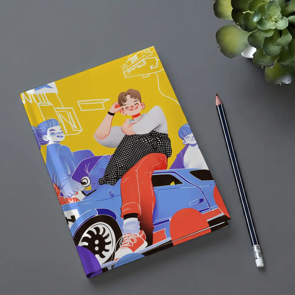 Cartoon Kids Sitting On Blue Car Yellow – Notebooks