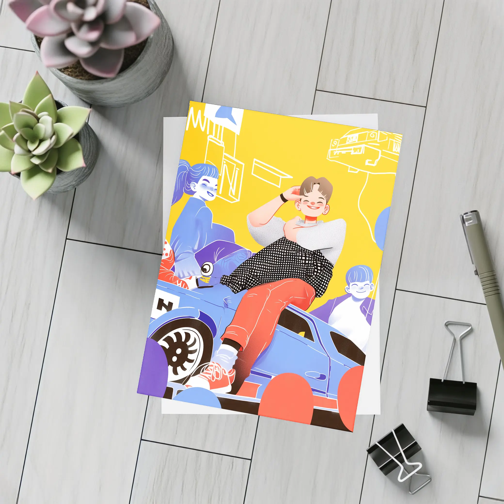 Cartoon Kids Sitting On Blue Car Yellow – Postcards