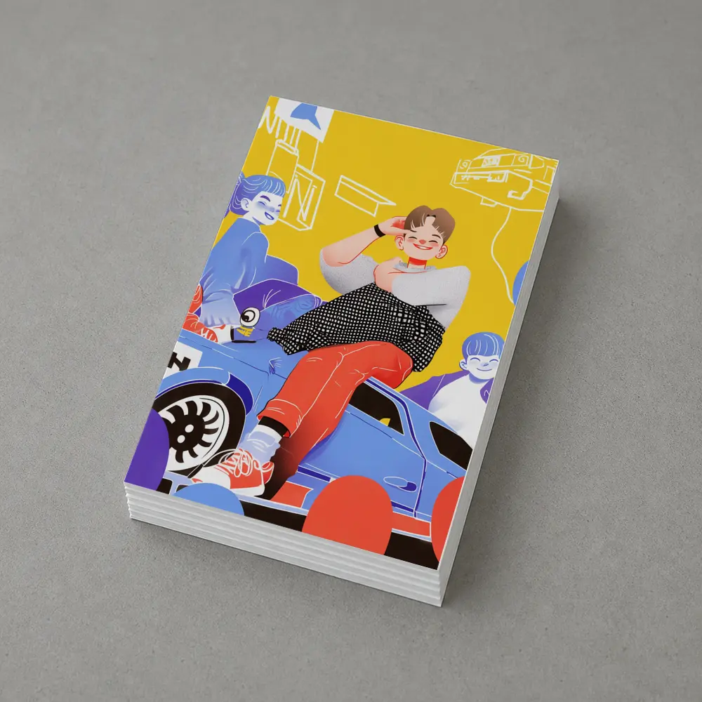 Cartoon Kids Sitting On Blue Car Yellow – Postcards