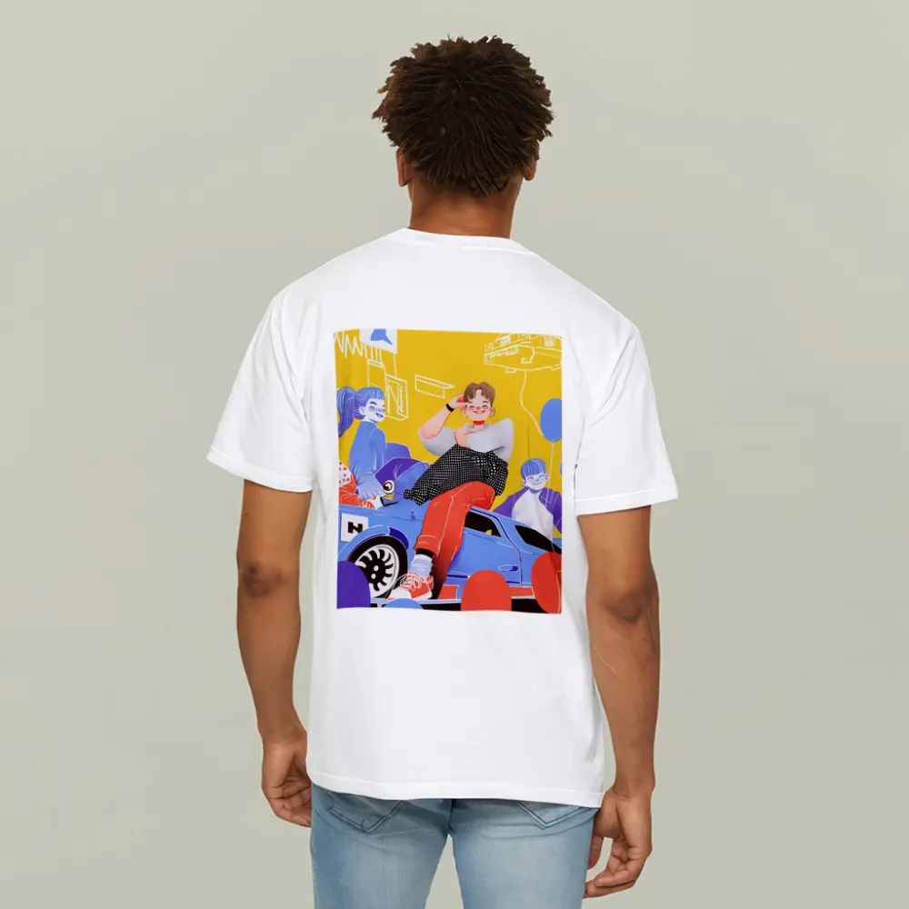 Cartoon Kids Sitting On Blue Car Yellow – T-Shirts